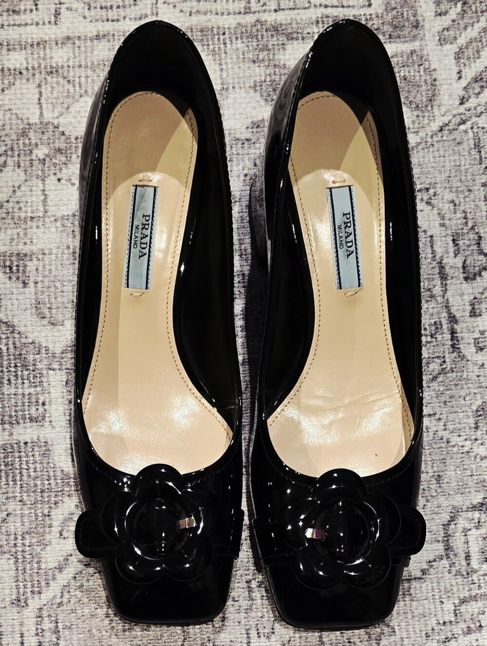 Prada Black Patent Floral Applique Square-Toe Pumps